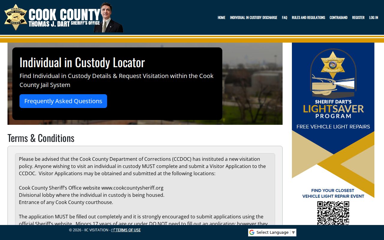 Cook County custody locator terms and start screen