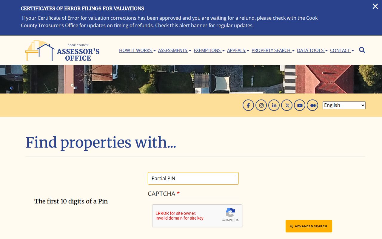 Cook County Assessor advanced parcel search fields for Park Ridge