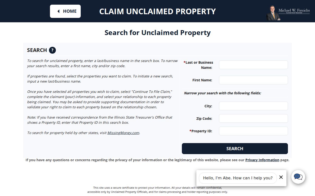 Illinois I-CASH name city and ZIP search for unclaimed property